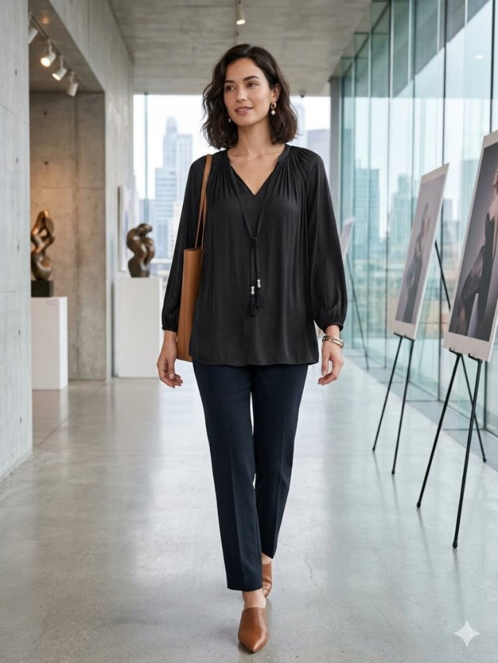 Chico's Women's Size Large Black Tassel Tie Pleated Balloon Sleeve Tunic Top